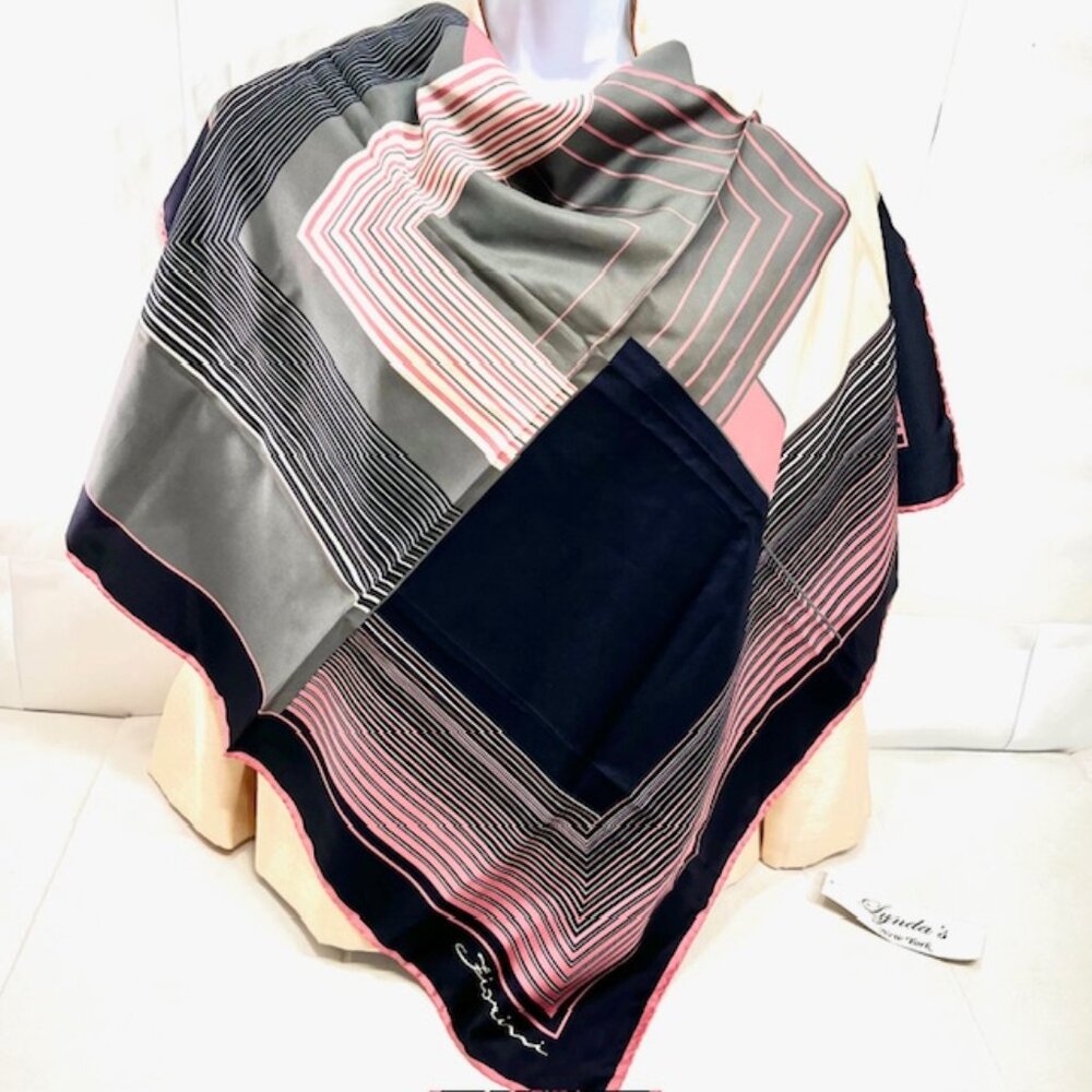Vintage Fiorini Polyester Satin  Scarf Retro 34"x34" pink black white stripe (35